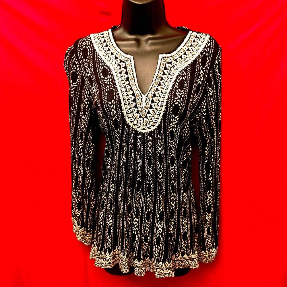 Lucky Brand Black Ivory Embroidered Boho Tunic Top Size Small